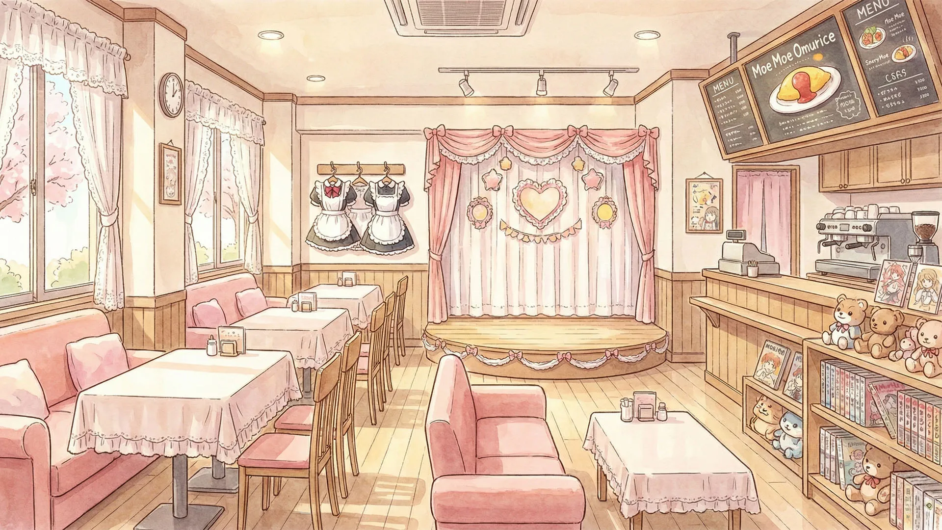 กรุ๊งกริ๊ง~ (เสียงกระดิ่งหน้าร้าน) ทันทีที่เปิดประตูเข้าไป สาวๆ ในชุดเมดก็พร้อมใจกันพูดต้อนรับ