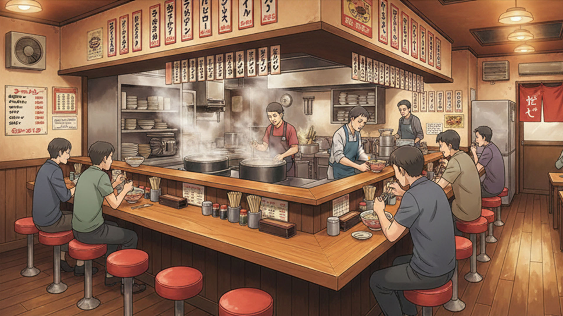 พวกเราเดินมาถึงหน้าร้านราเมนที่ส่งกลิ่นหอมฉุย